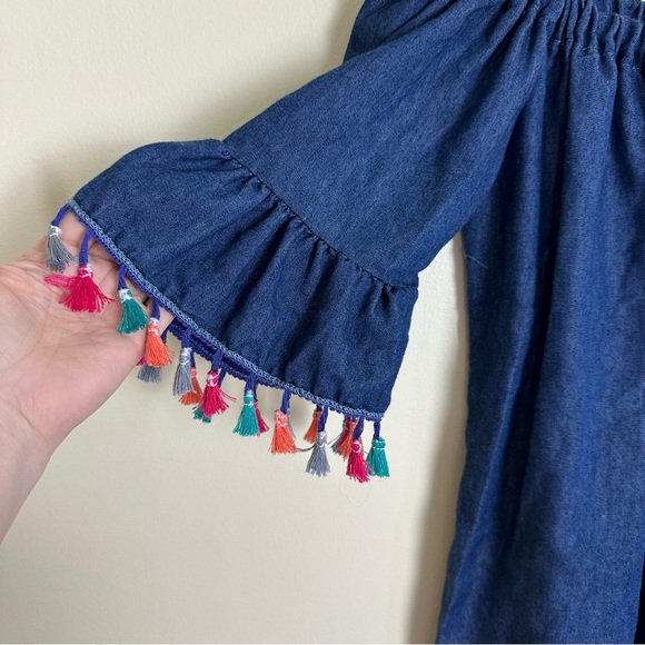 SEE YOU MONDAY Chambray Dress off the shoulder with colorful tassel trim, Size M - Picture 2 of 6